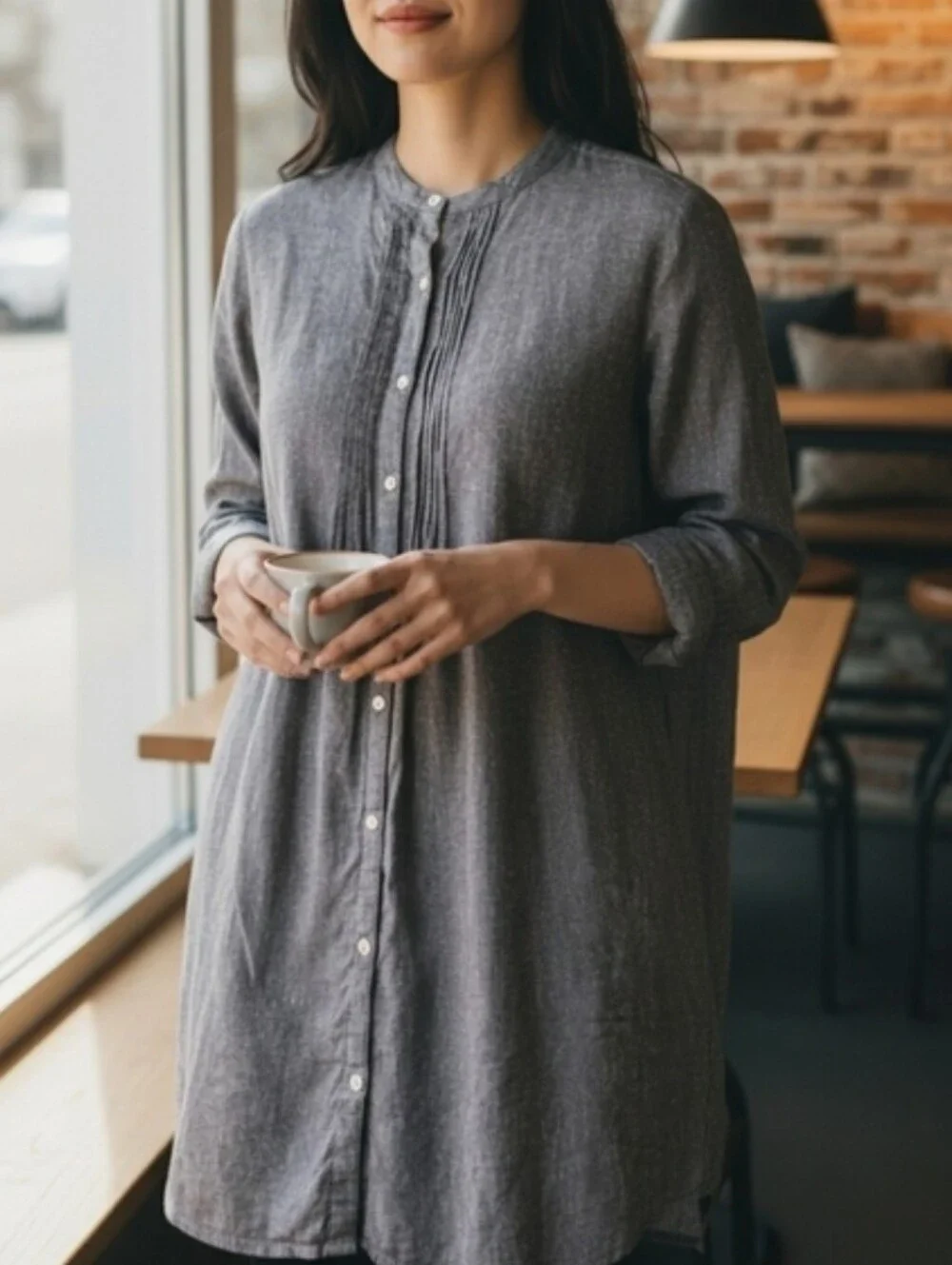 J. JILL | Linen‎ Blend Blue Gray Button-Down Tunic Dress Duster | L Petite